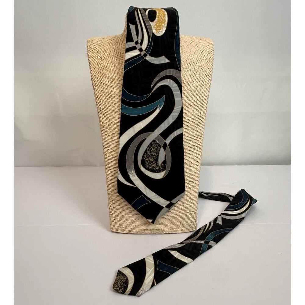 Vintage Valentino Giovanni Silk Tie Black Teal Gold Geometric Italy